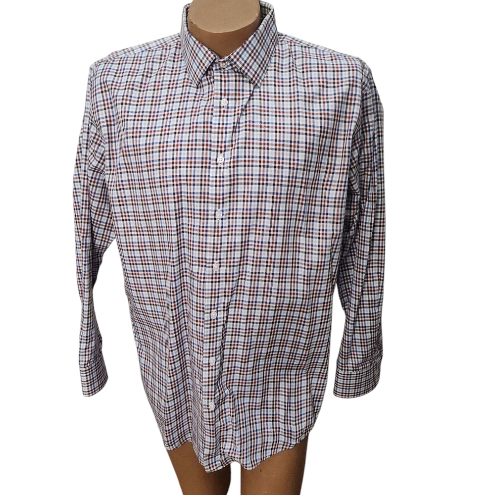 Nordstrom Brown Blue‎ White Plaid Trim Fit  Size 17.5 34/35